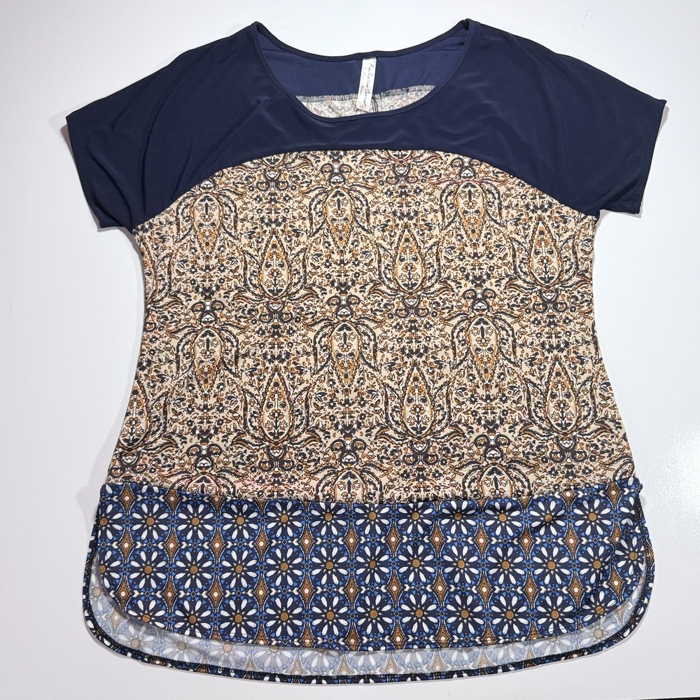 Mixed-Media Tunic Blouse Navy Yoke Cap Sleeves Gold Paisley Blue Geometric Sz L